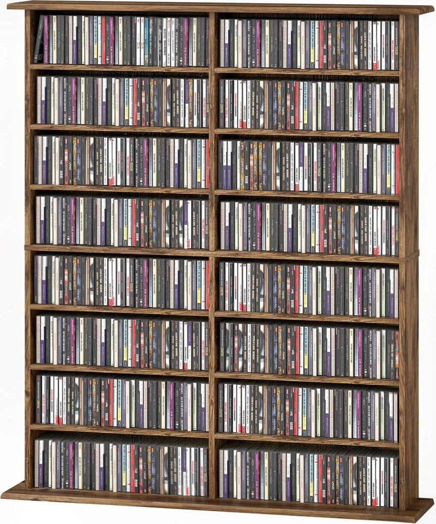 Organizador para CD e DVD 106,5 L x 24 P x 126,3 A cm com 16 compartimentos e 12 prateleiras ajustáveis, capacidade máxima de 720 CD/396 DVD e Blu-ray