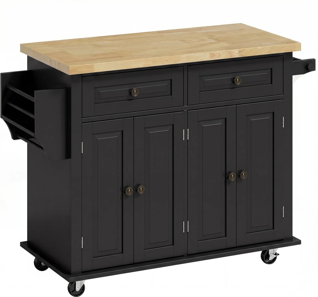 HOMCOM Ilha Central de Cozinha com Tampo em Hévea, Carrinho de Cozinha com Rodízios e 2 Gavetas, 111 x 44,5 x 82,5 cm, Preto | Aosom Portugal