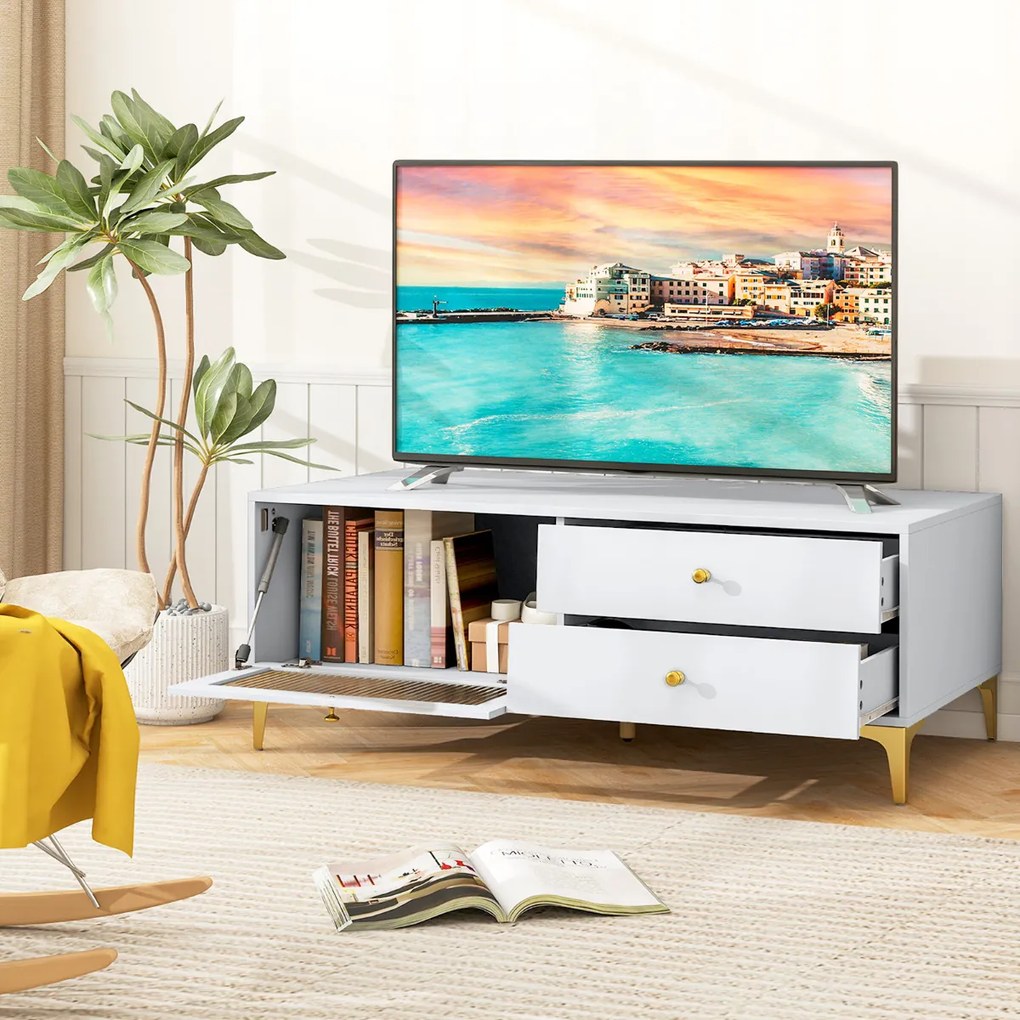 Móvel TV para televisões até 55'' com gaveta Porta de vidro temperado com aba e pernas de metal para sala de estar Branco