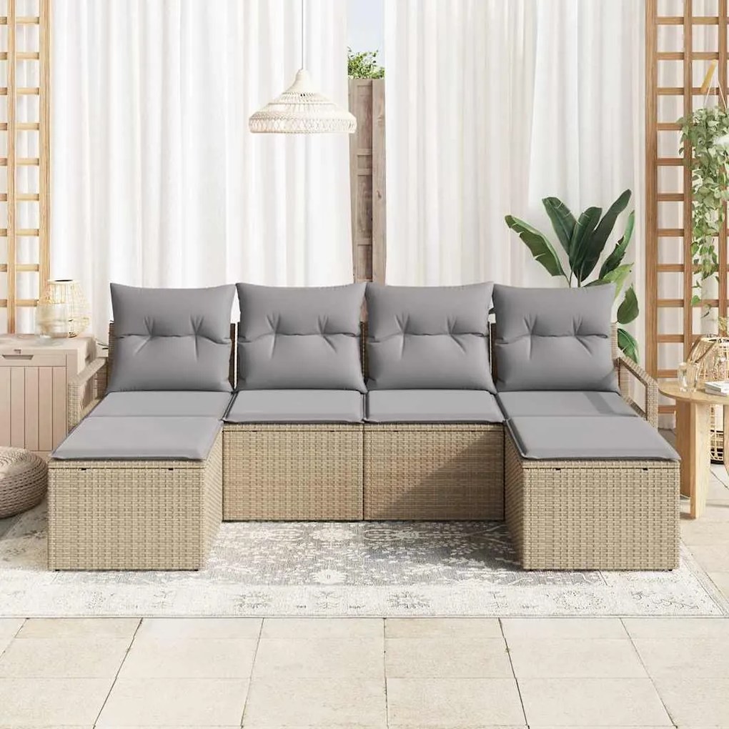 Conjunto de Sofá de Jardim com Almofadas Bege e Rattan Sintético - 6 P