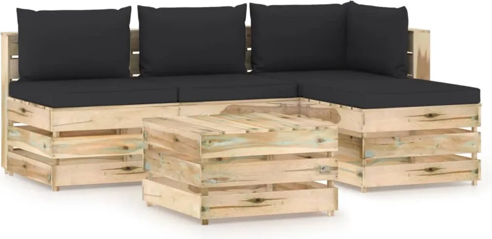 vidaXL 5 pcs conj. lounge jardim c/ almofadões madeira impreg. verde