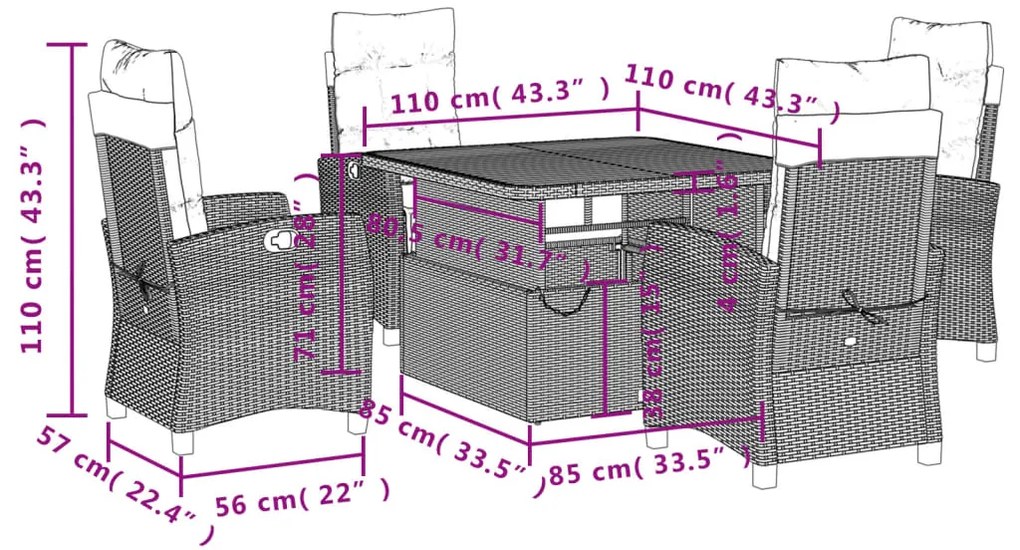 5 pcs conjunto de jantar p/ jardim com almofadões vime PE bege