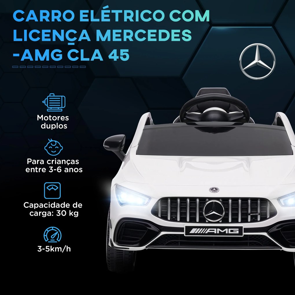 Carro Elétrico para Crianças Carro Mercedes AMG CLA 45 com Bateria 12V Faróis LED Buzina e Música 110x61x45 cm Branco