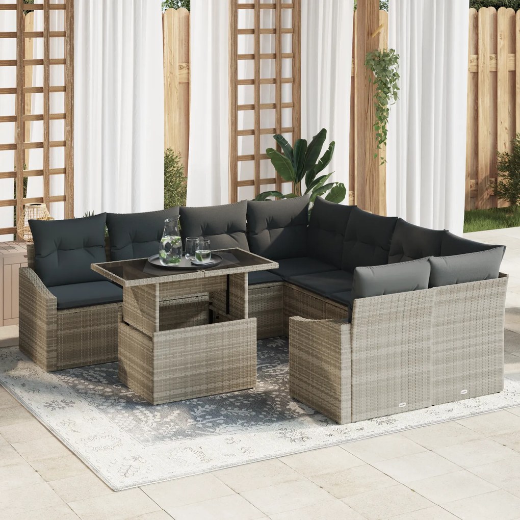 Conjunto de Sofá de Jardim de 9 Peças com Almofadas Cinza Claro em Rat