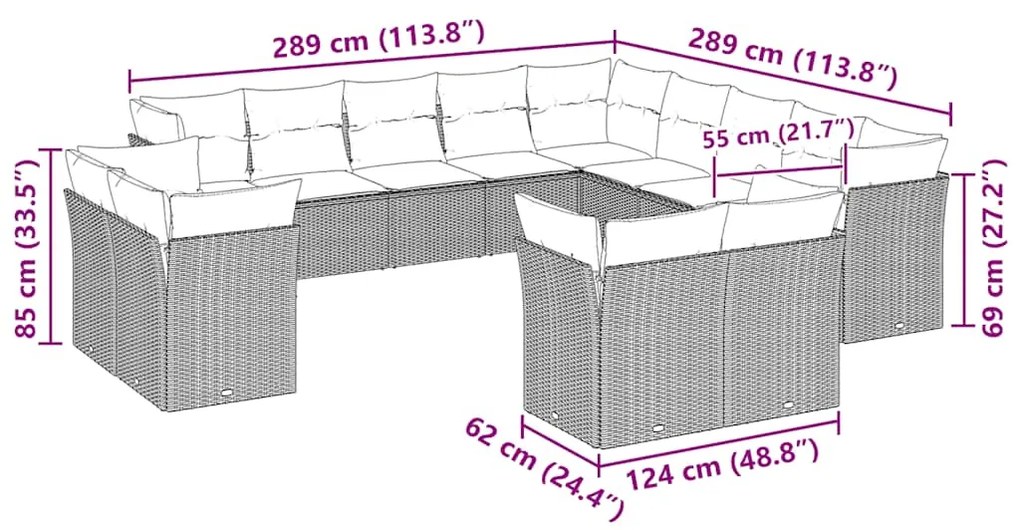 13 pcs conj. sofás jardim c/ almofadões vime PE cinzento-claro