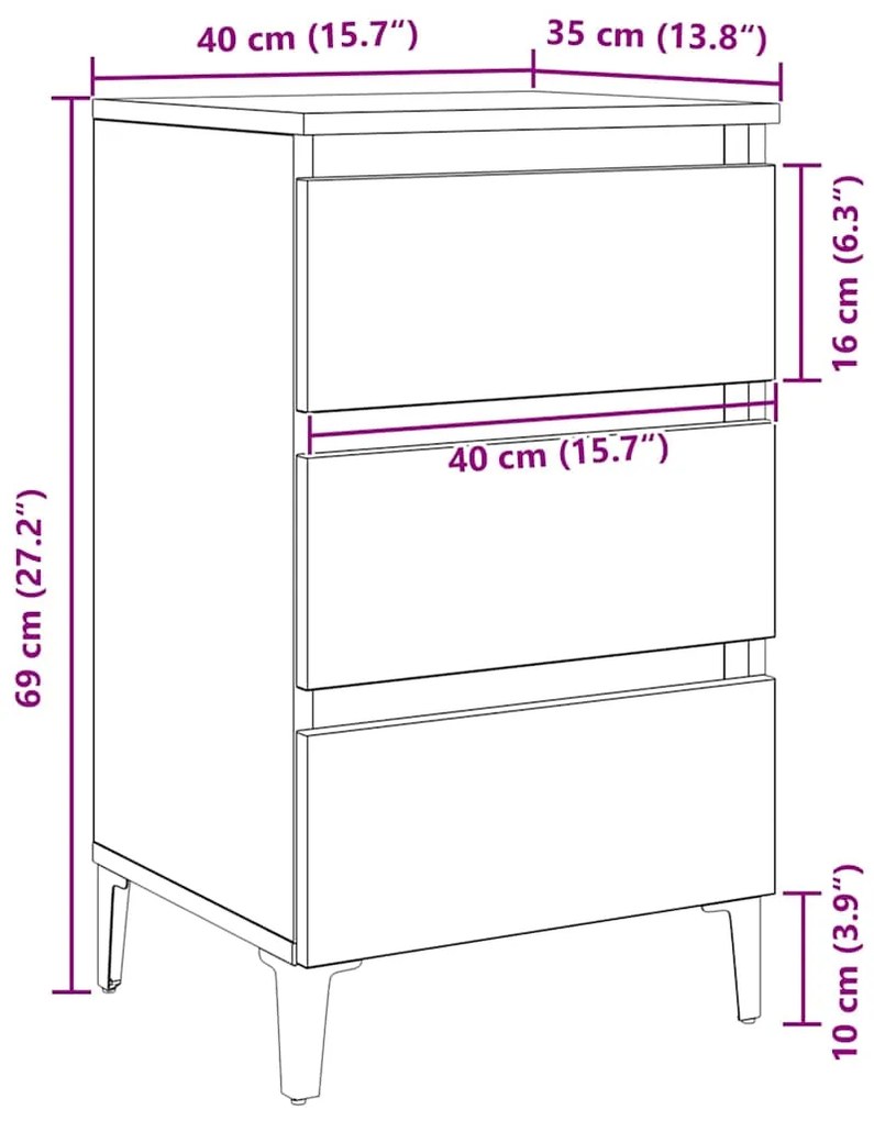 Criado-mudo vidaXL com Pé de Metal Preto Carvalho 40x35x69 cm