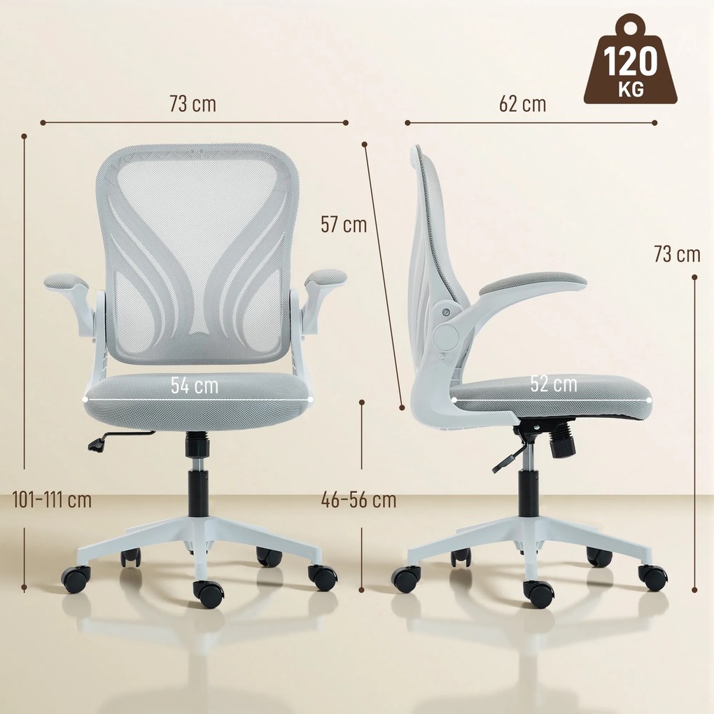 Cadeira de escritório ergonómica, cadeira de escritório em malha, encosto rebatível, braços retráteis, 73 x 62 x 101-111 cm, cinzenta