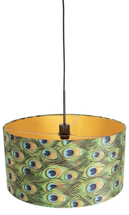 Candeeiro de suspensão com abajur de veludo azul-petróleo com dourado 50 cm - Combi Clássico / Antigo