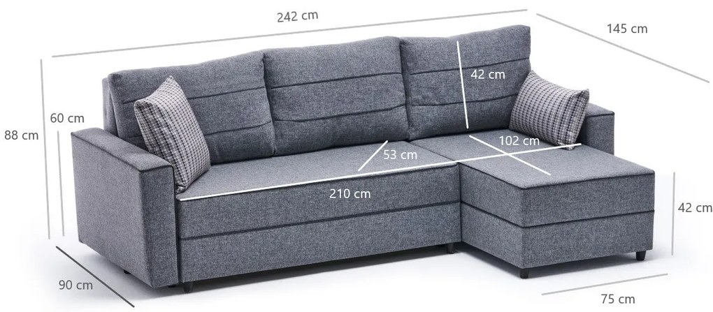 Sofá-Cama de Canto Ece – Cinzento – 242x88x90 cm