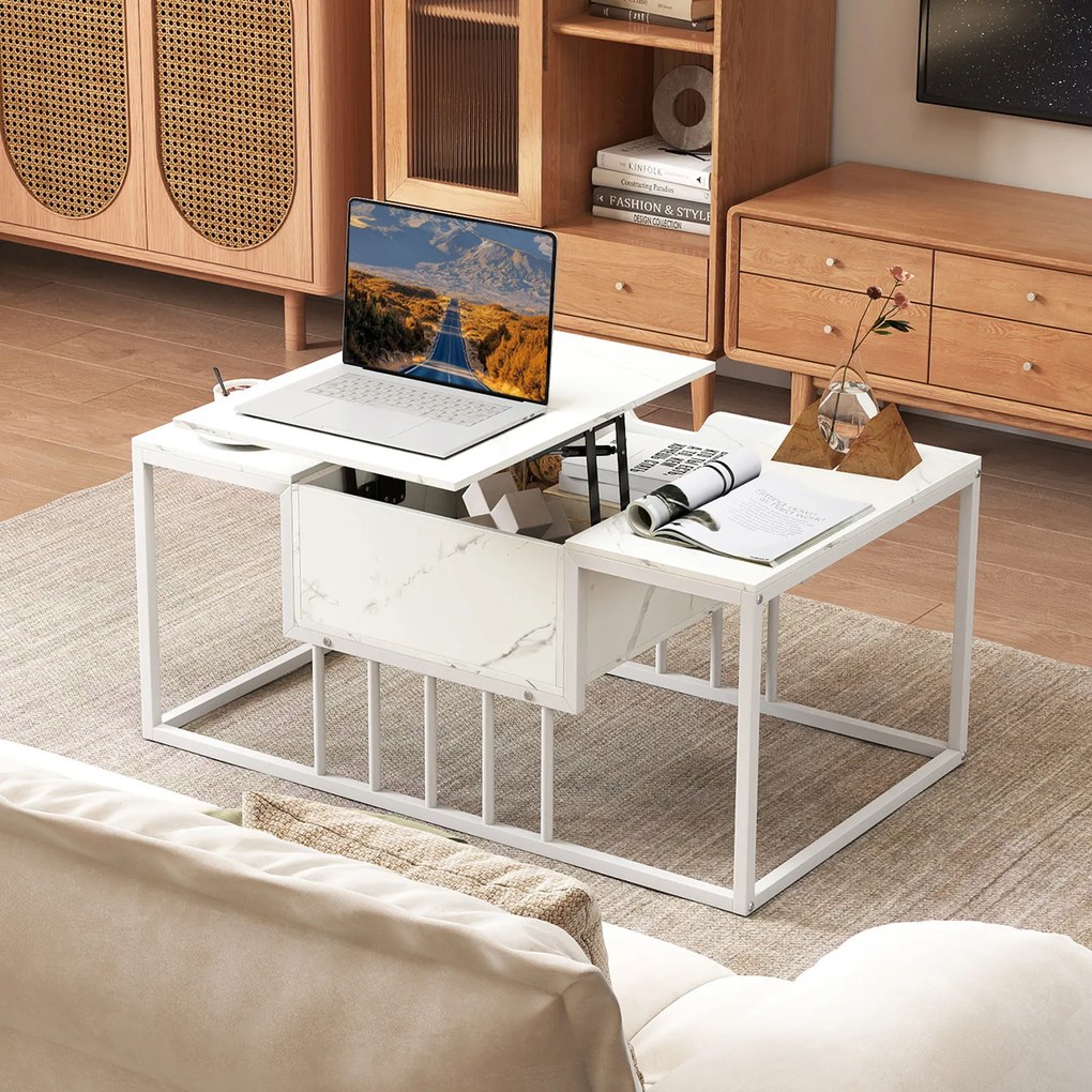 Mesa de Centro, 100 x 60 x 45 cm, Elevável com Arrumação Oculta, Branco