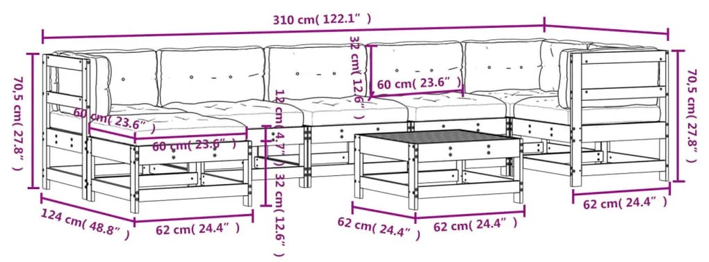 8 pcs conj. lounge jardim c/ almofadões madeira douglas maciça