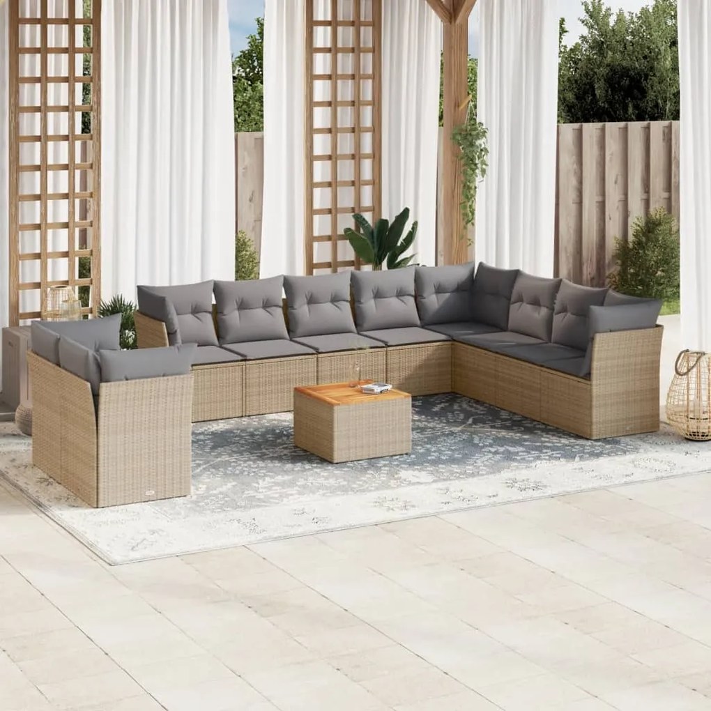 vidaXL 11 pcs conj. sofás jardim c/ almofadões vime PE bege misturado
