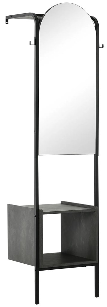 Móvel Cabide de Entrada com Espelho e Sapateiro Móvel Cabide de Entrada Moderno com Trilho para Pendurar 2 Ganchos para Corredor 44x40x176cm Preto