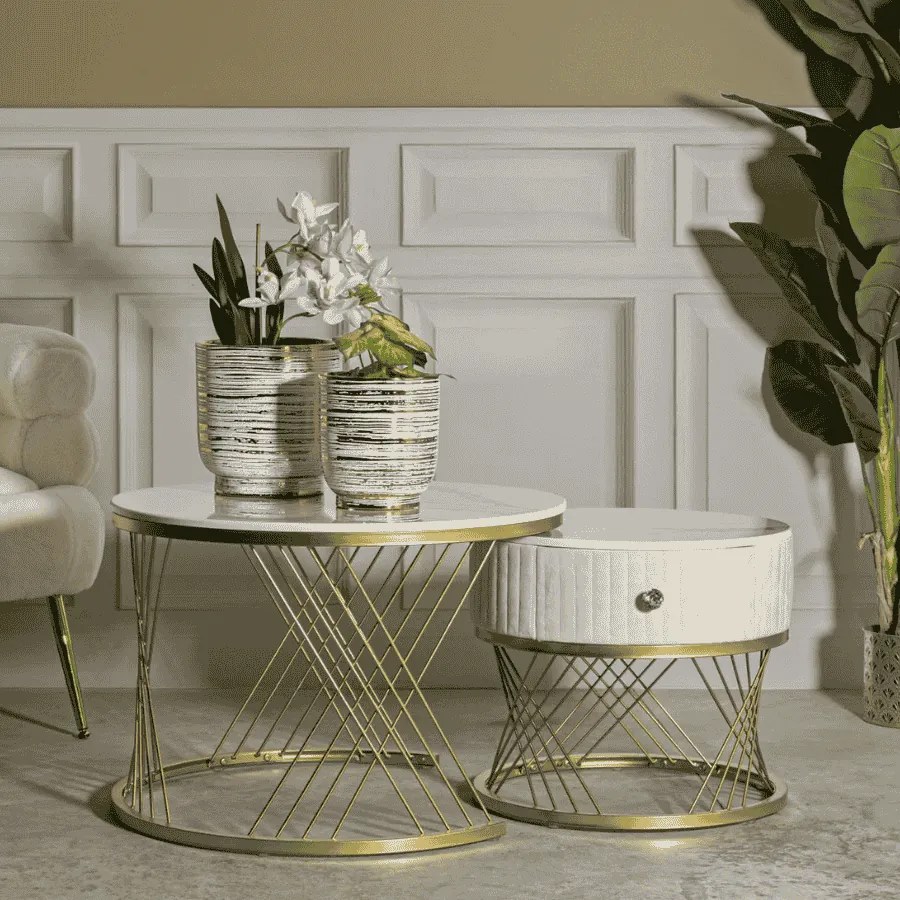 MESAS DE CAFÉ VOTIX CONJUNTO DE 2 UNIDADES CM Ø 70X48-50X43,5 CREME E DOURADO