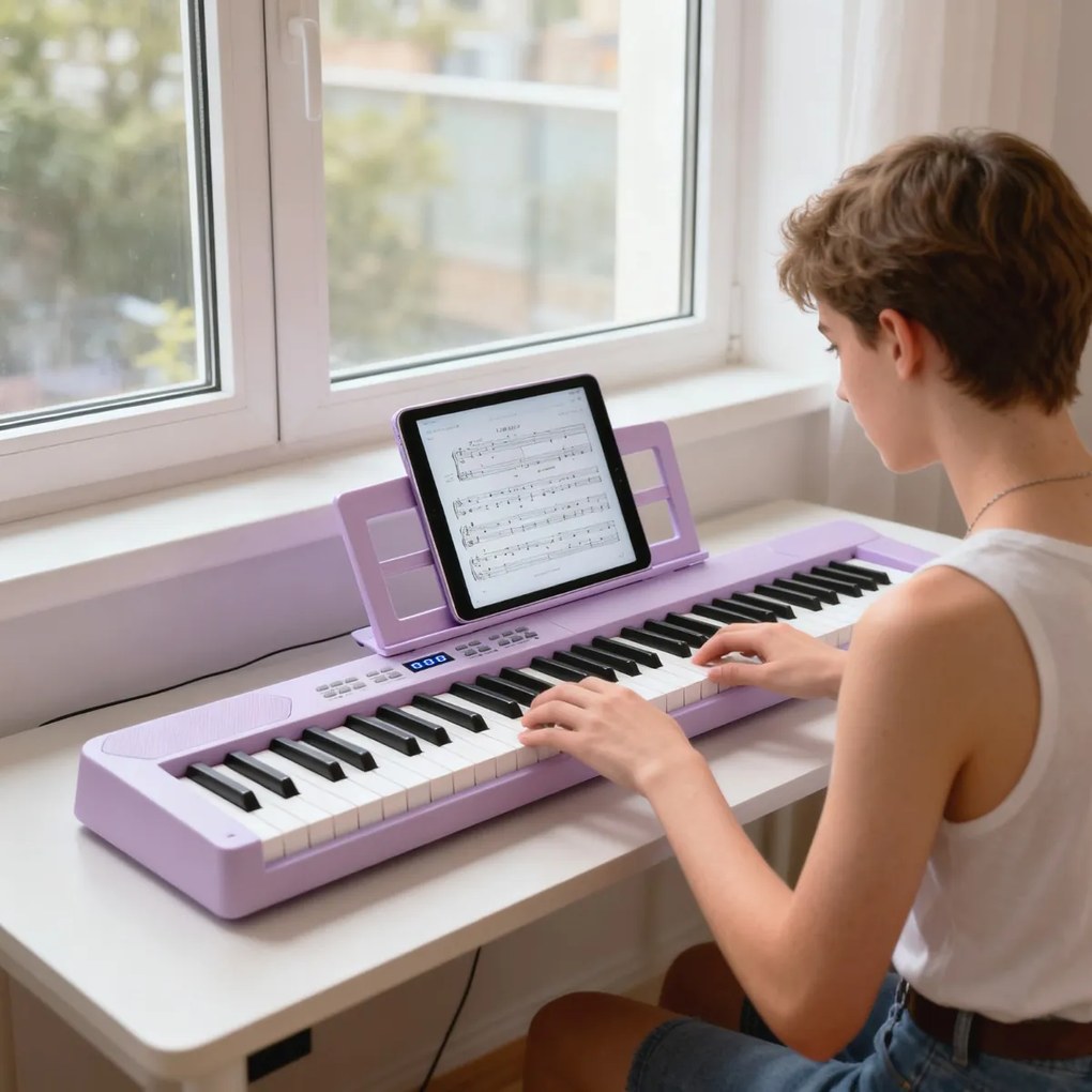 Teclado musical dobrável de 61 teclas, piano eletrónico com fones de ouvido e pedal portátil com bolsa para iniciantes Púrpura