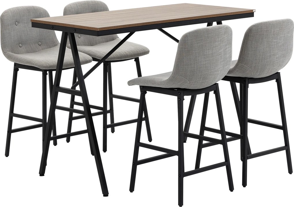 Conjunto de mesa de bar com bancos e mesa de jantar alta com 4 cadeiras estofadas, pés em aço, 120 x 60 x 91 cm, cinzento