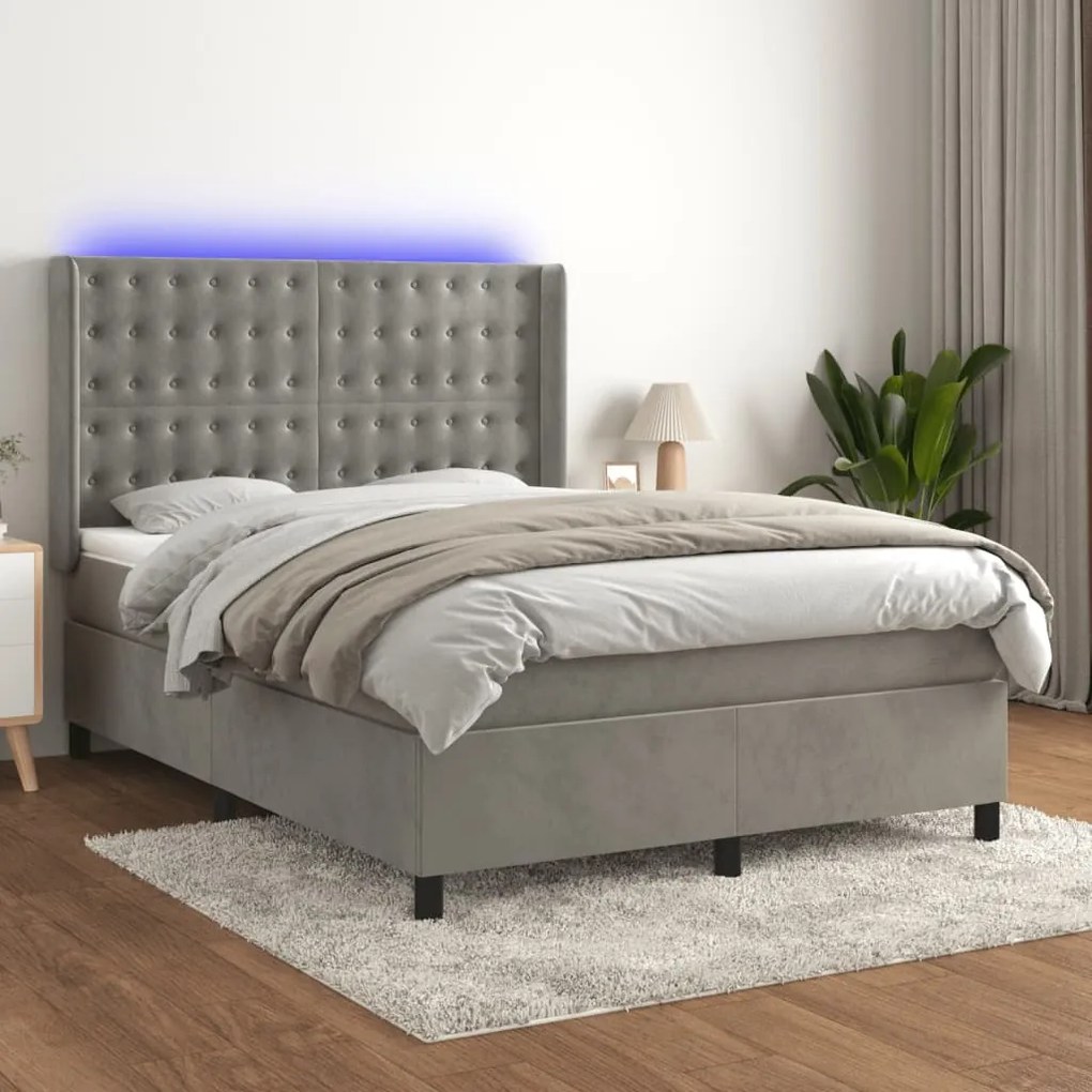 Cama box spring c/ colchão/LED 140x190 cm veludo cinzento