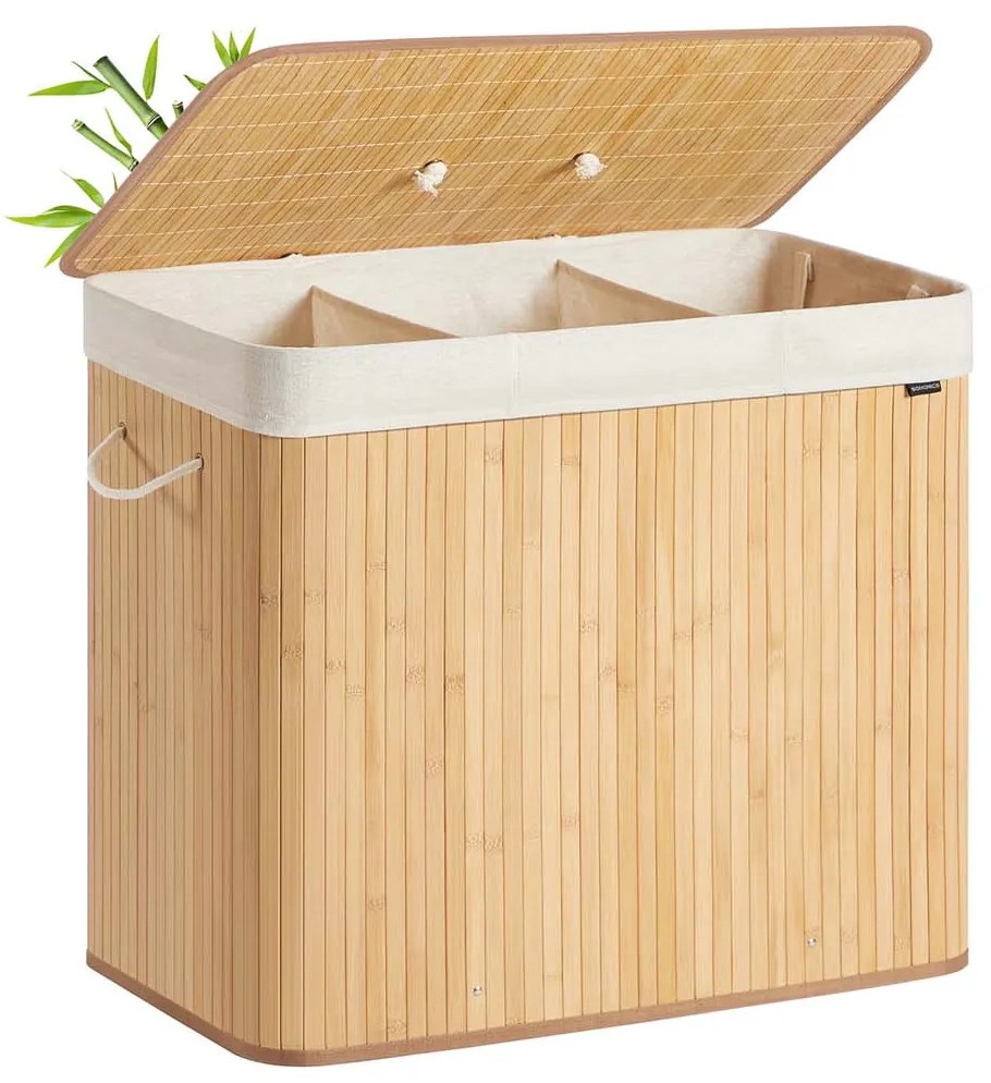 Cesto para roupa suja em bambu com 3 compartimentos 70 x 40 x 61 cm cor natural