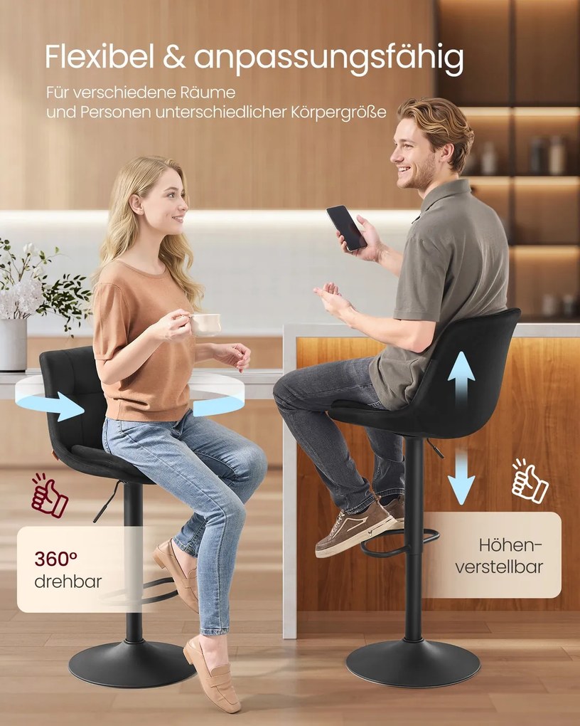 Conjunto de 2 bancos de bar em veludo, ajustáveis em altura, giratórios, Pretos