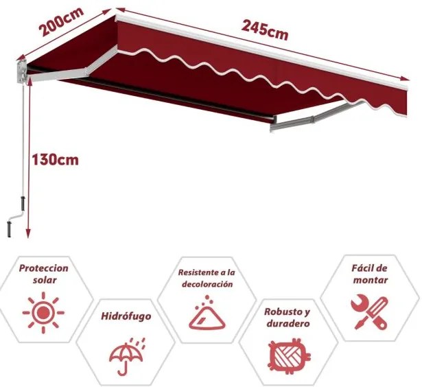 Toldo retrátil 295 x 250 cm com manivela manual para parede Porta Janela Vermelho