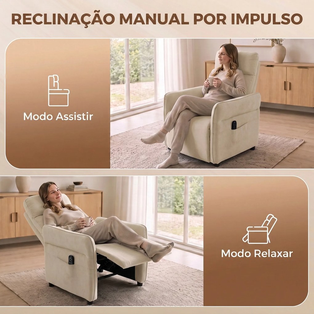 Poltrona de Massagem com Aquecimento, Reclinação Push-Back 135°, Apoio para Pés, Apoios de Braços Ajustáveis e 2 Bolsos, Bege