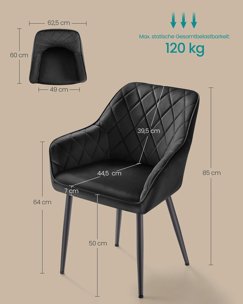 Cadeira de sala de jantar em veludo com braços e pernas de metal Preta