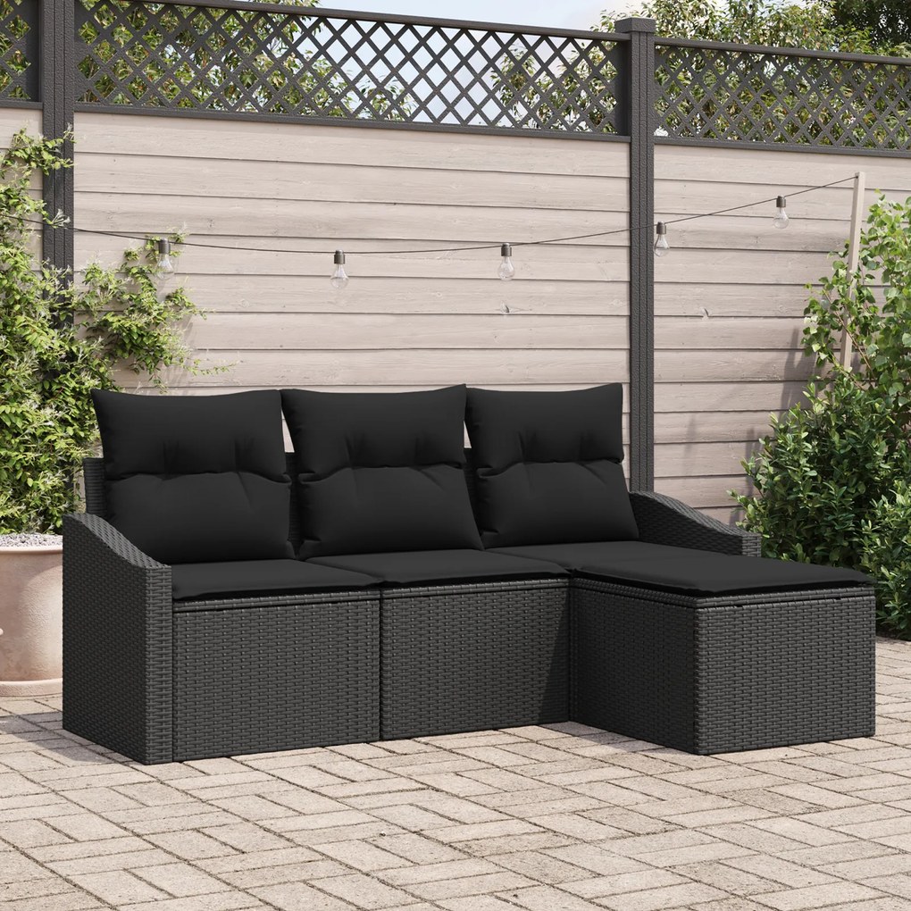 Conjunto de Sofá de Jardim de 4 Peças com Almofadas Preto Polirattan