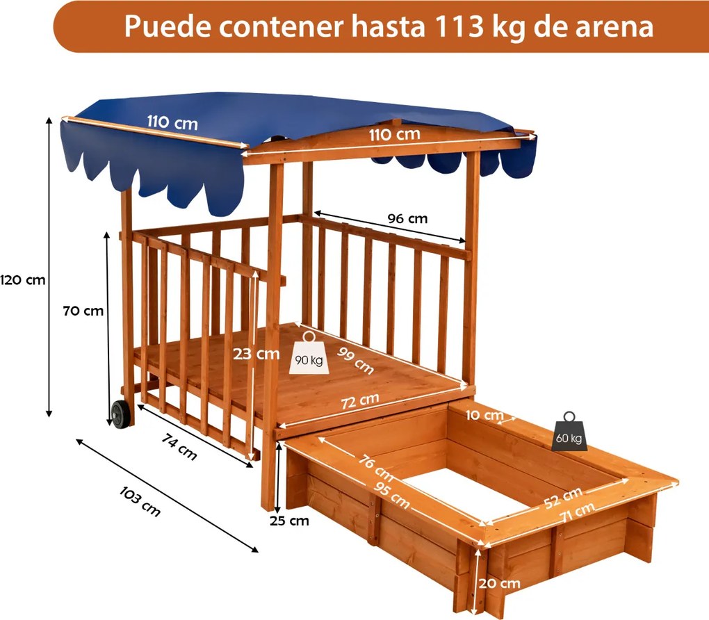 Caixa de Areia Infantil com Casa de Jogos, 110 x 110 x 120 cm, Toldo Impermeável, Natural