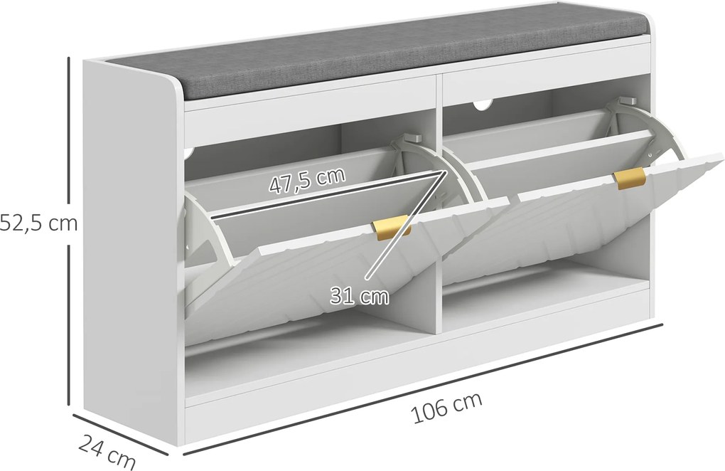 Banco para sapatos, banco com arrumação 106 x 24 x 52,5 cm, assento almofadado, gaveta rebatível, porta com padrão , branco