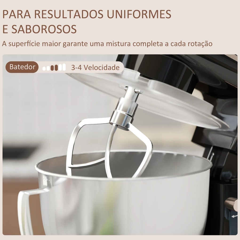 Batedeira 133W 4,5L com 6 Velocidades Tigela de Aço Inoxidável Ganchos e Proteção Tampa Anti-Respingos 35x22x29 cm Preto