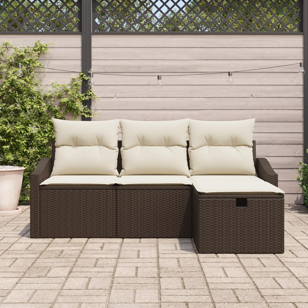 Conjunto de Sofá de Jardim de 4 Peças com Almofadas Rattan Castanho Po