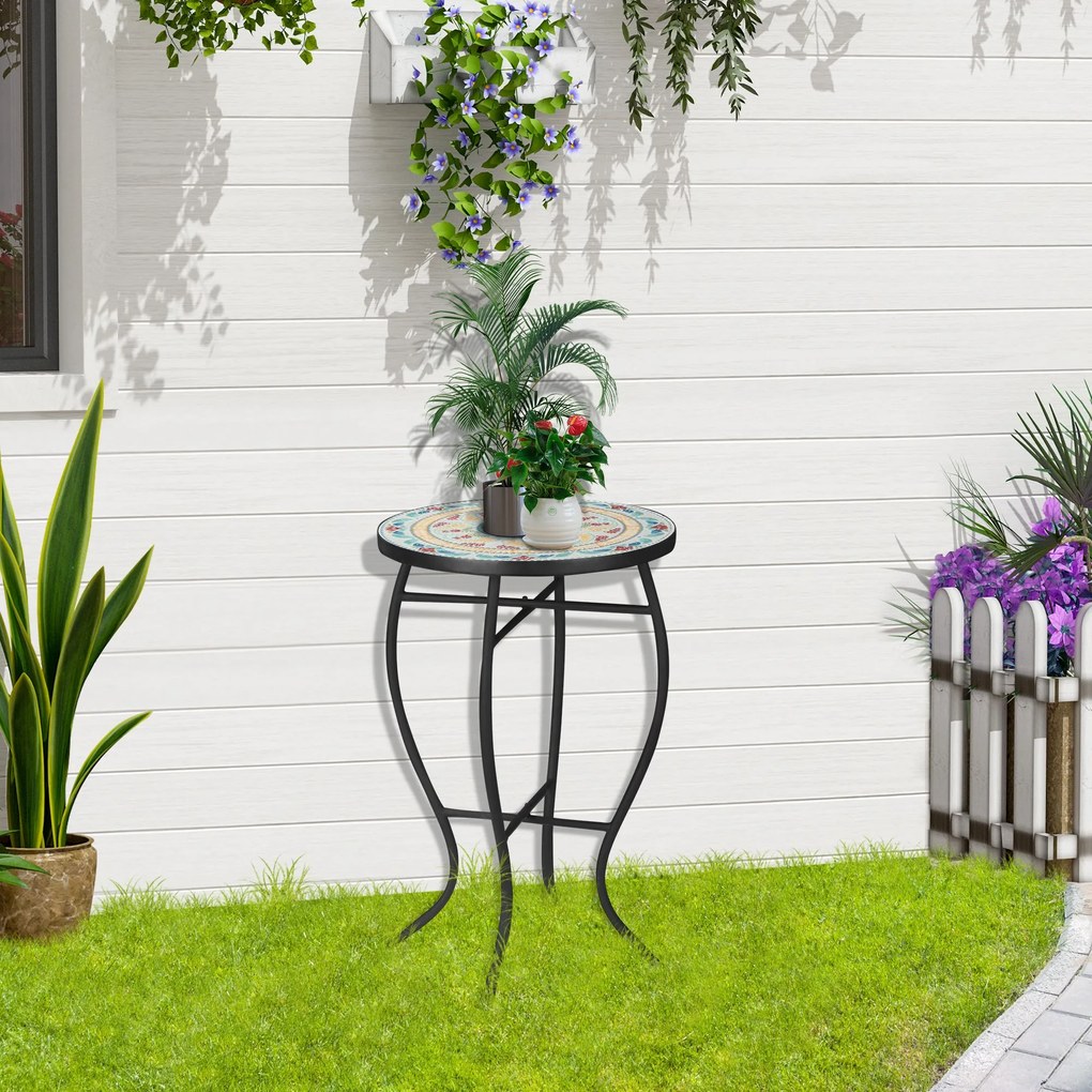 Mesa de Jardim Redonda Mesa Auxiliar de Mosaico com Pés de Metal para