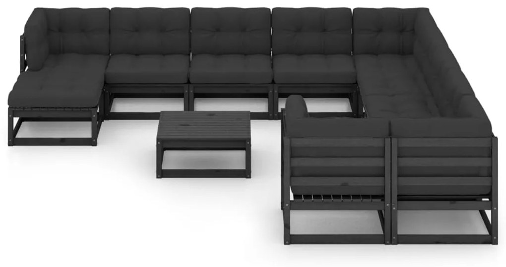 12 pcs conjunto lounge jardim c/ almofadões pinho maciço preto