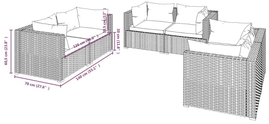 6 pcs conjunto lounge de jardim c/ almofadões vime PE preto