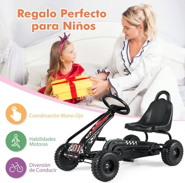 Karts a pedais para crianças com 4 rodas antiderrapantes, assento envolvente e travão de mão, 92 x 50 x 53 cm, preto.
