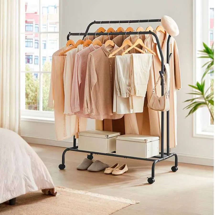 Cabide Guarda roupa com Rodas e 2 varões para roupa Preto