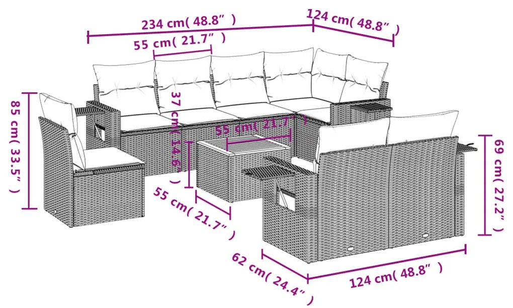 9 pcs conjunto de sofás p/ jardim c/ almofadões vime PE preto