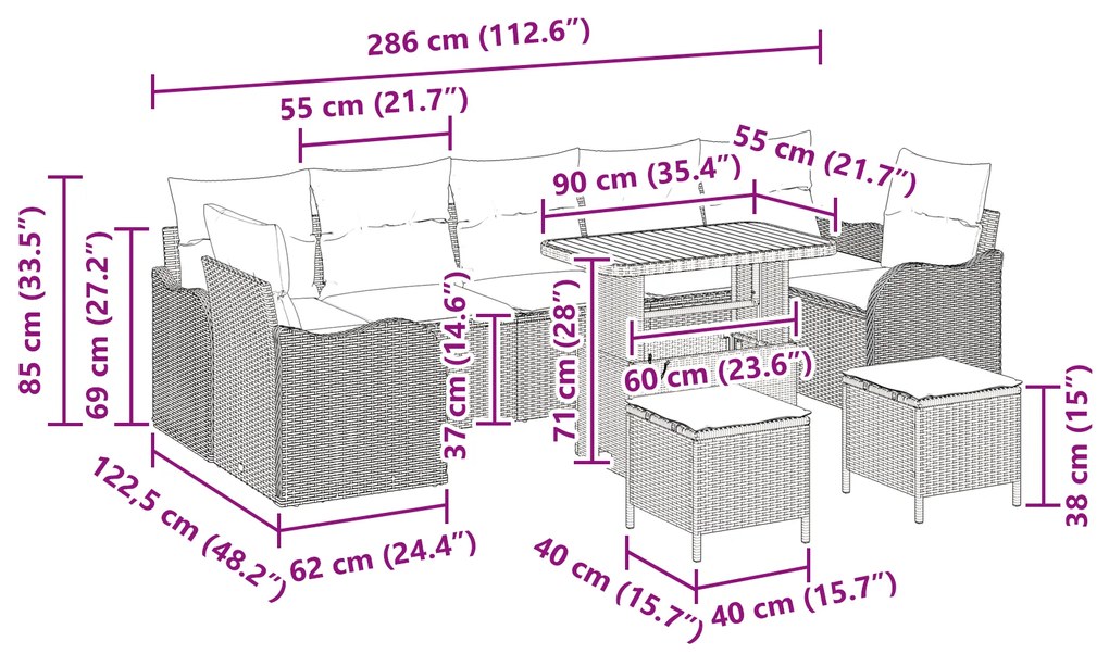Conjunto de Sofá de Jardim vidaXL de 10 Peças com Almofadas Cinza Ratt