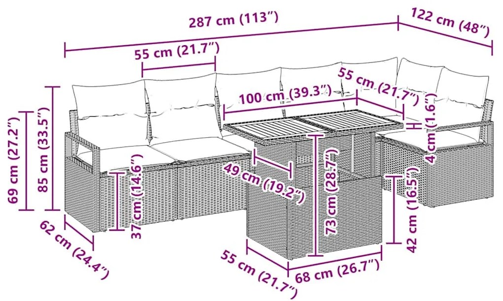 Conjunto de Sofá de Jardim de 7 Peças com Almofadas em Rattan Poliéste