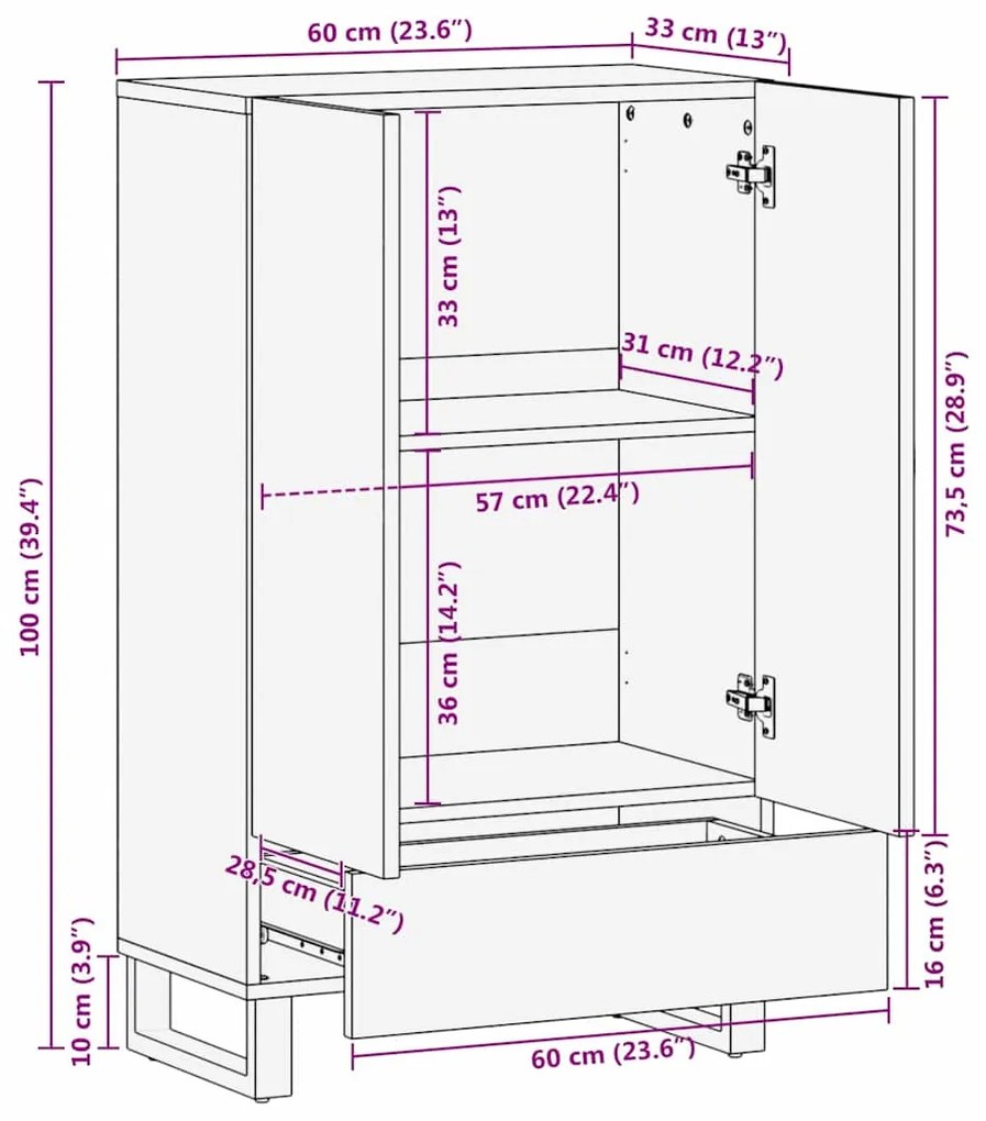 Highboard 60x33.5x100 cm Madeira Sólida de Manga
