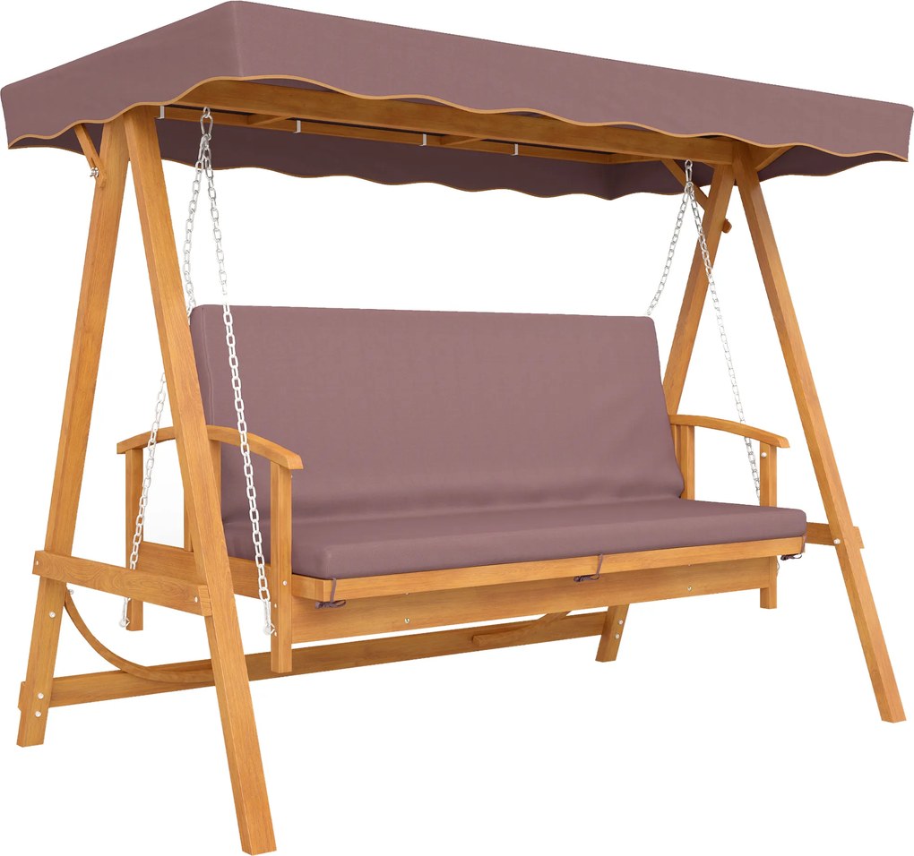 Outsunny Baloiço Hollywood com toldo, baloiço de jardim em madeira maciça, banco-baloiço com função de reclinar, para 3 pessoas, Castanho | Aosom Portugal