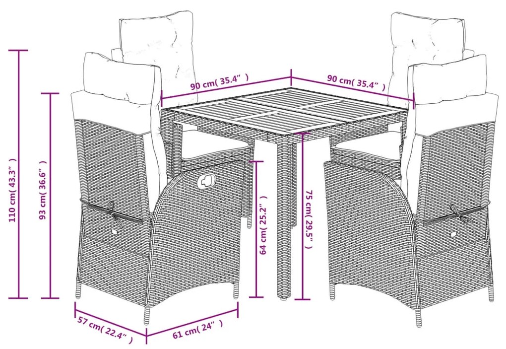 5 pcs conjunto de jantar p/ jardim c/ almofadões vime PE cinza