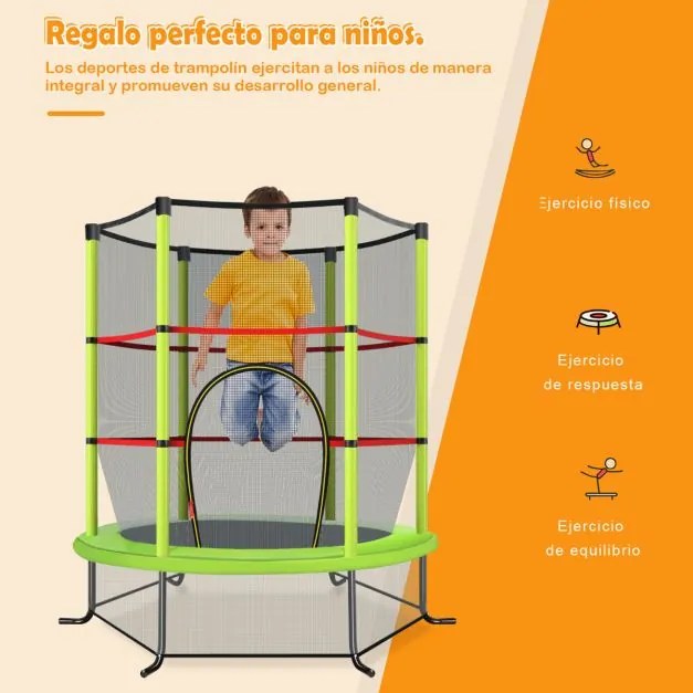 Trampolim para crianças 165 cm com rede de segurança e almofada de mola recreativa Estrutura em aço Verde