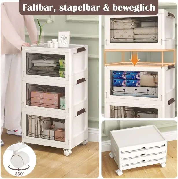 conjunto de 3 caixas empilháveis de plástico branco (75 L) tampa dobrável branco