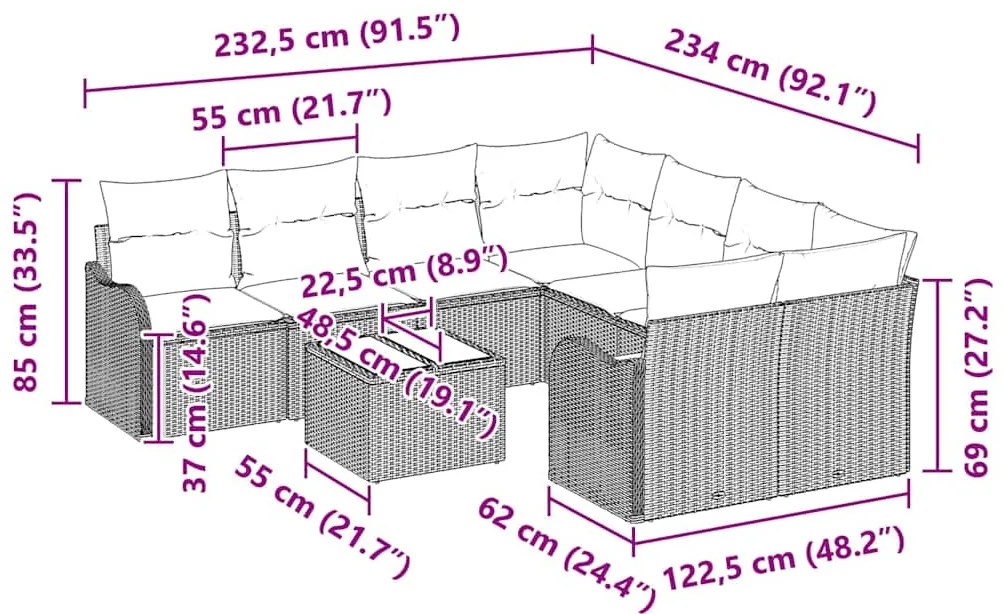 Conjunto de Sofá de Jardim vidaXL de 9 Peças com Almofadas Cinza Claro