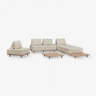 Conjunto De Jardim Com Sofá Modular Chaise Longue De 3 Peças, Mesa Auxiliar, Poltrona E Mesa De Centro 95x95 Cm Em Acácia Portet - Sklum