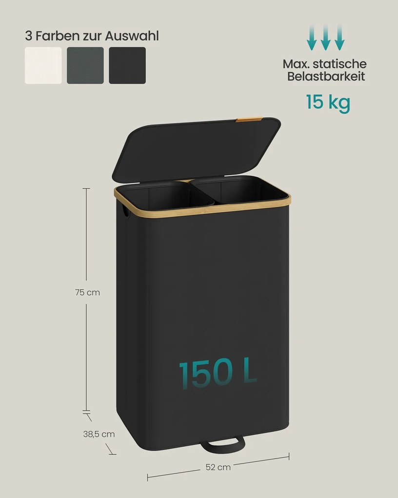 Cesto da roupa suja com tampa e saco removível 52 x 38,5 x 75 cm, 150 L, preto