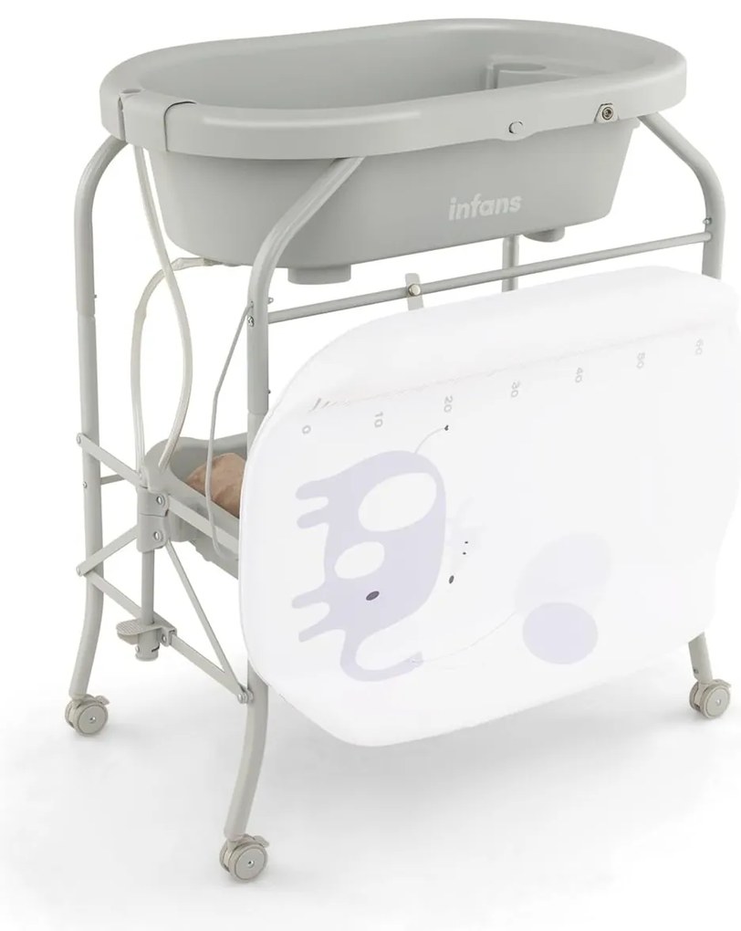 Troca-fraldas com banheira dobrável e portátil para bebés com bandeja de armazenamento e 4 rodas universais com travas, carga 35 kg, cinza