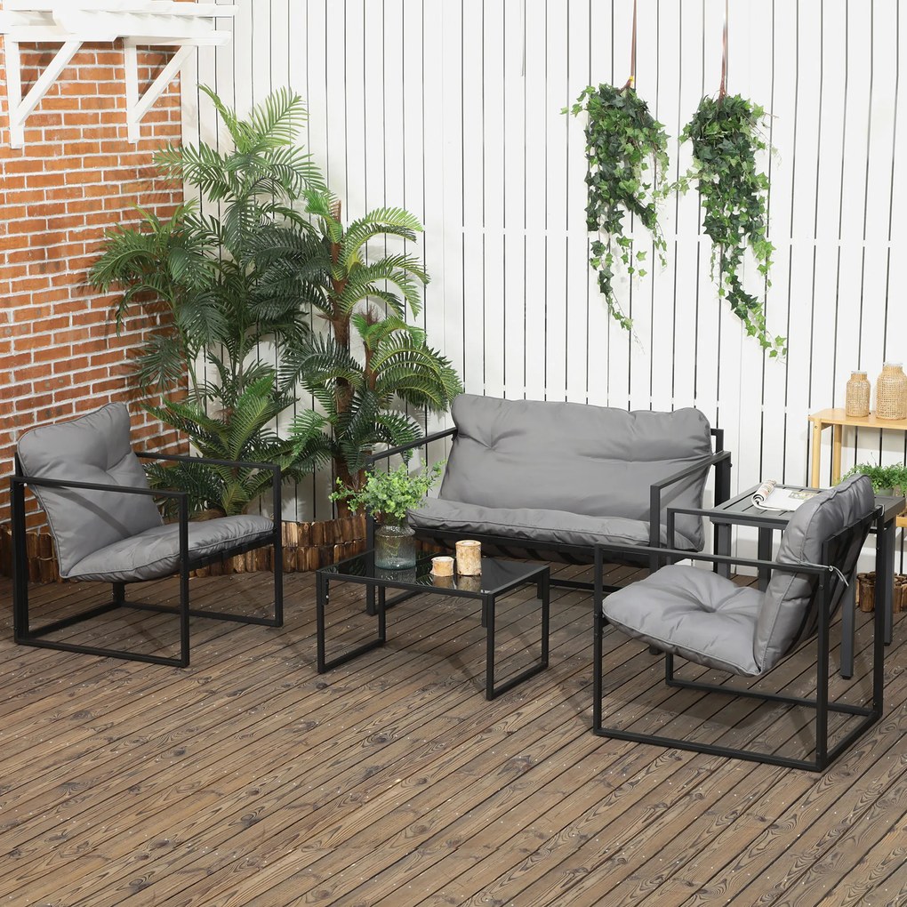 Conjunto de jardim de 4 peças para 4 pessoas, com sofá de 2 lugares, 2 poltronas e 1 mesa de centro cinzenta