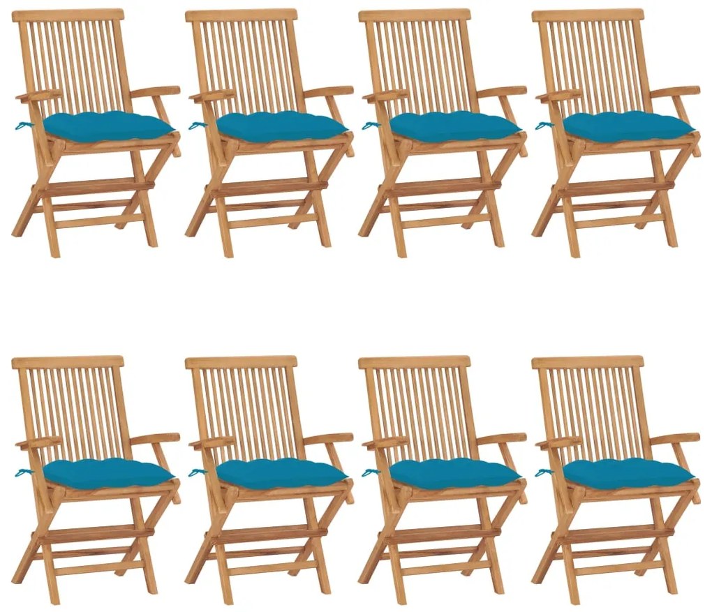 Cadeiras de jardim c/ almofadões azuis-claros 8 pcs teca maciça